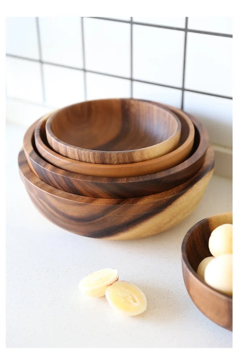 Acacia Wooden Japanese Style Fruit Bowl - Solid Walnut