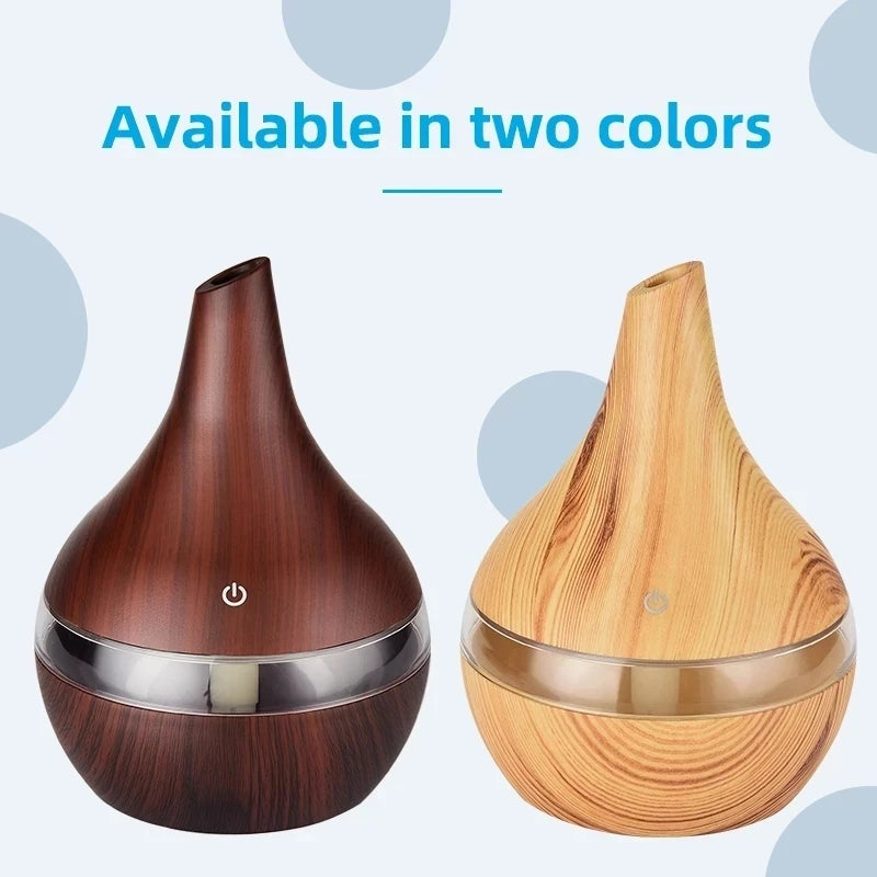 300ML Aroma Oil Diffuser Ultrasonic Wood Grain Humidifier USB Mini Mist Maker LED Light