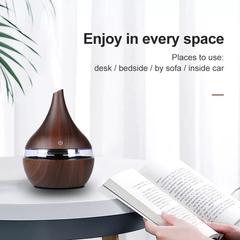 300ML Aroma Oil Diffuser Ultrasonic Wood Grain Humidifier USB Mini Mist Maker LED Light