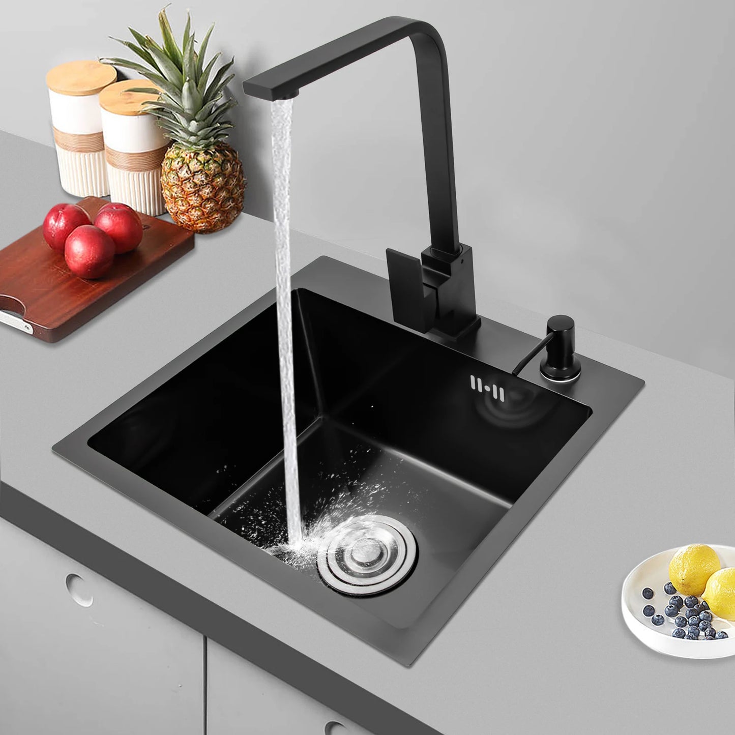 Stainless Steel Overmount Kitchen Sink with sliding rack and hole for soap dispenser or extra tap