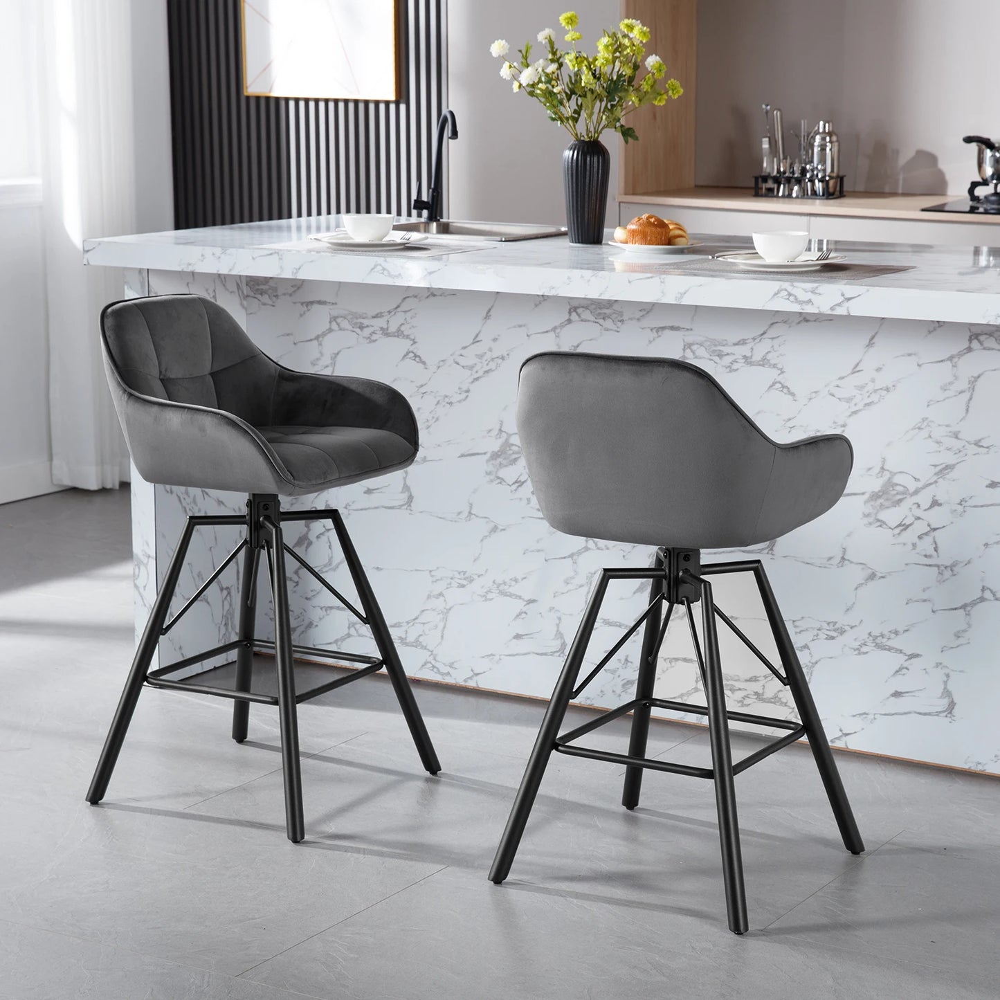 2 X Rotatable Bar Stool Velvet High Back 360°