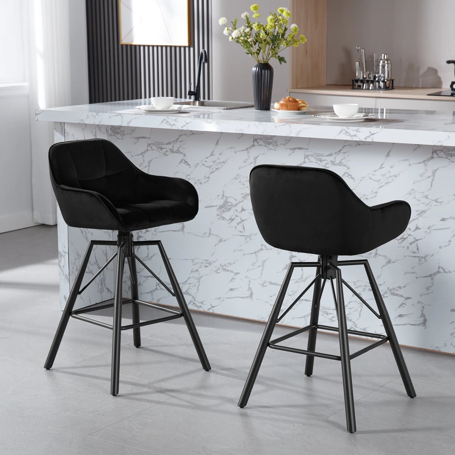 2 X Rotatable Bar Stool Velvet High Back 360°