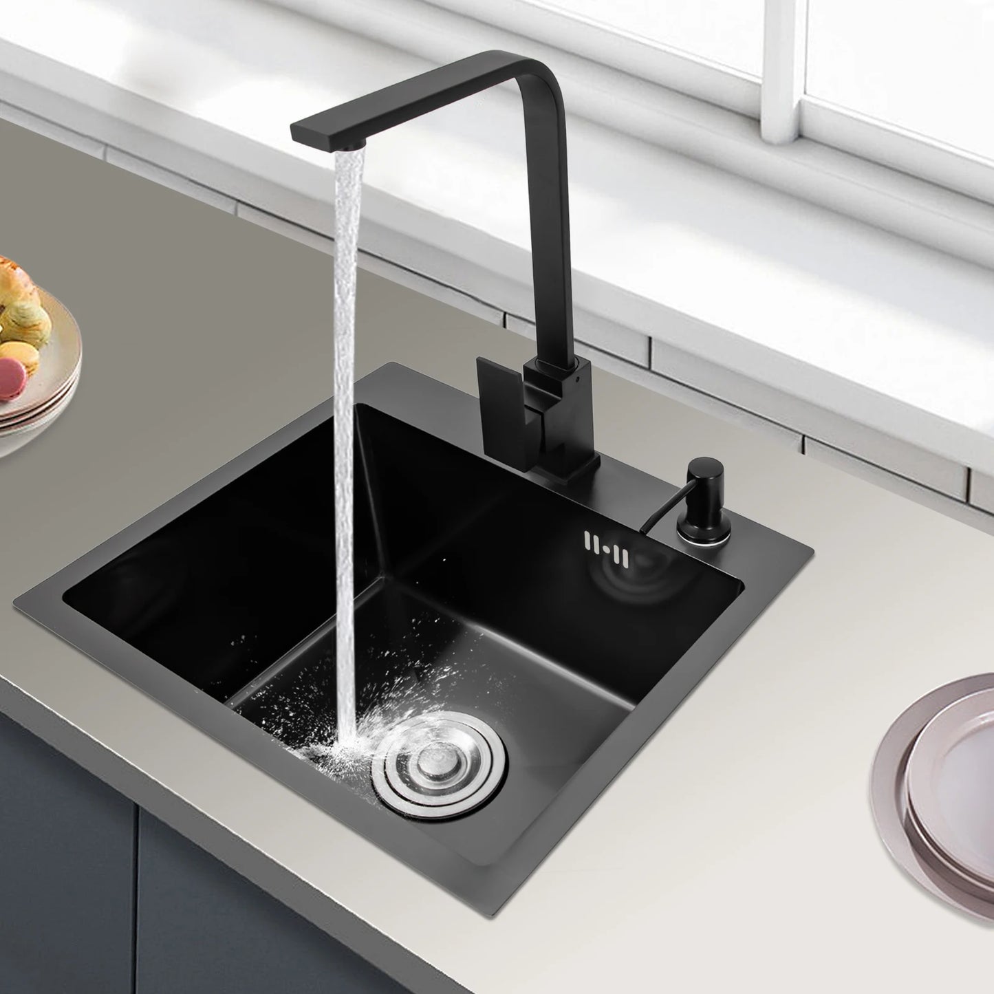 Stainless Steel Overmount Kitchen Sink with sliding rack and hole for soap dispenser or extra tap