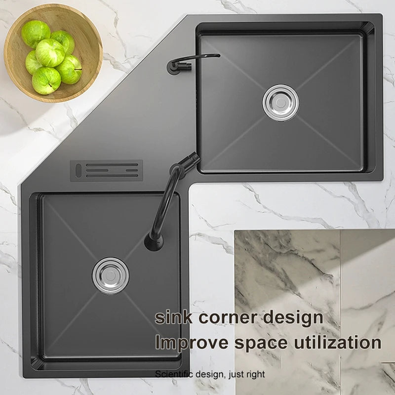 Corner Black L-shaped Sink Multifunctional Space Saver