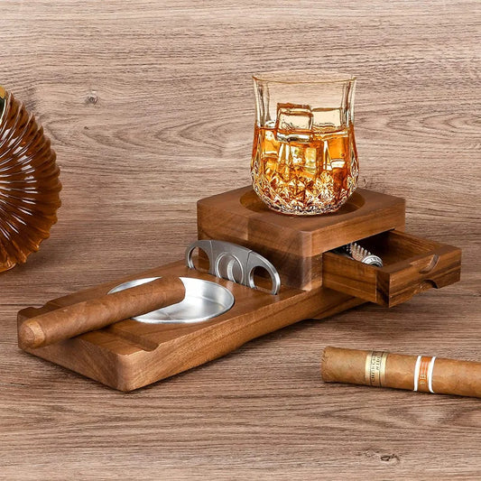 Solid Wood Cigar box with Ashtray and drink holder Inc Cigar Cutter