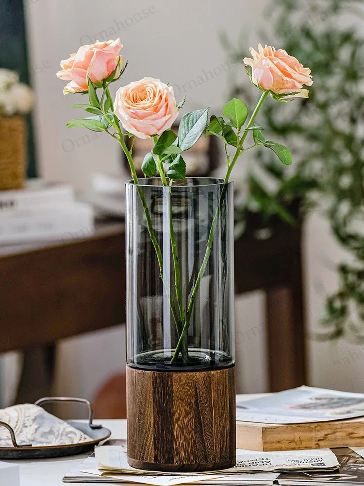 Modern Simple and Creative Walnut And Glass Flower Vase