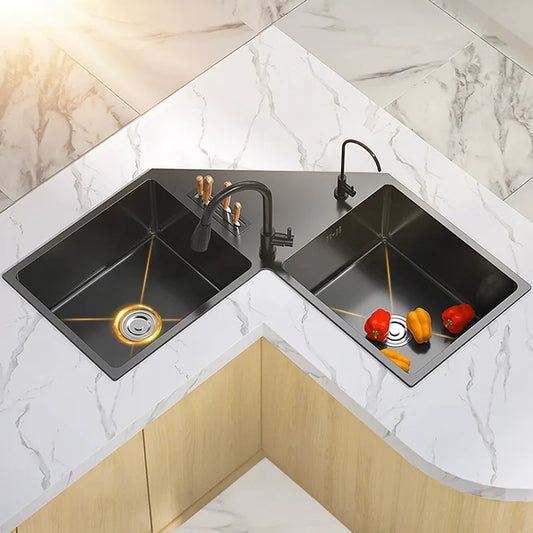 Corner Black L-shaped Sink Multifunctional Space Saver