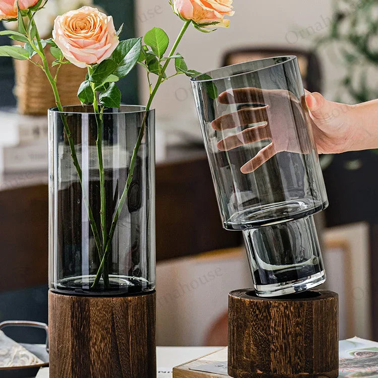 Modern Simple and Creative Walnut And Glass Flower Vase