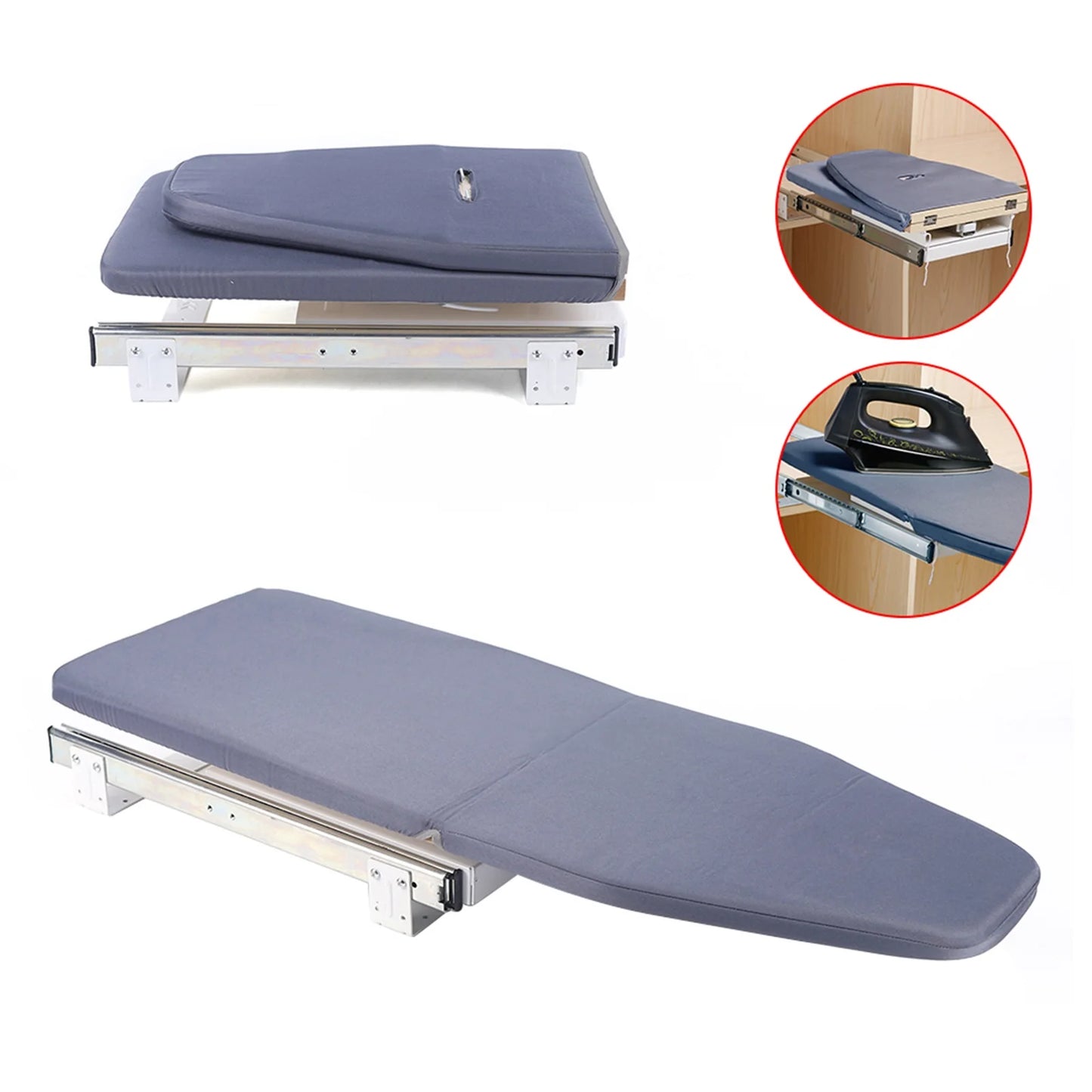 Gray Ironing Board 180° Rotation Retractable Closet Folding Pull & Push For Cabinet Easy To Install