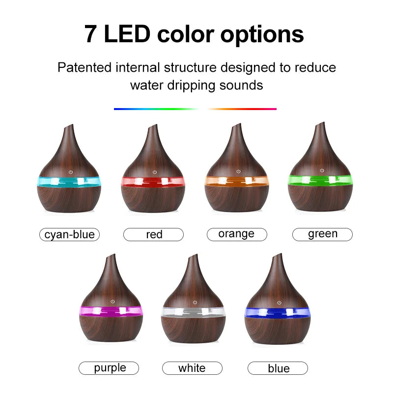 300ML Aroma Oil Diffuser Ultrasonic Wood Grain Humidifier USB Mini Mist Maker LED Light