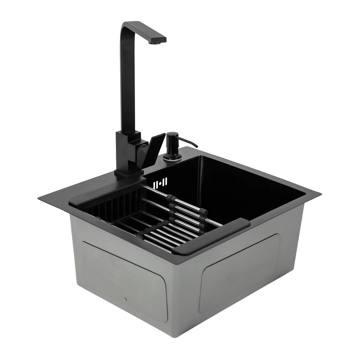 Stainless Steel Overmount Kitchen Sink with sliding rack and hole for soap dispenser or extra tap