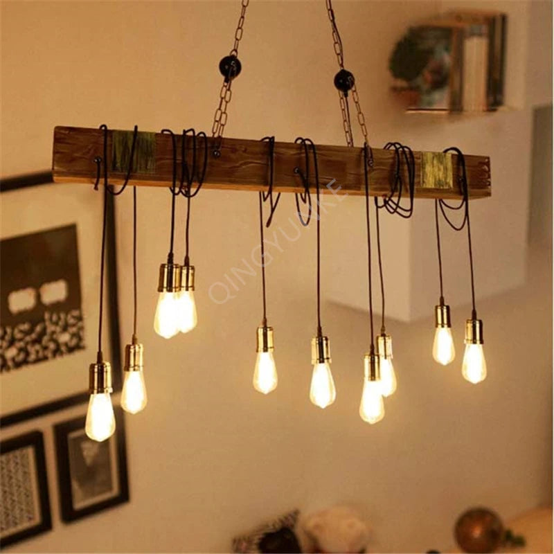 Vintage Led Pendant Nordic Wood Lustre Creative Wooden Lights Art Deco Industrial Ceiling Chandeliers