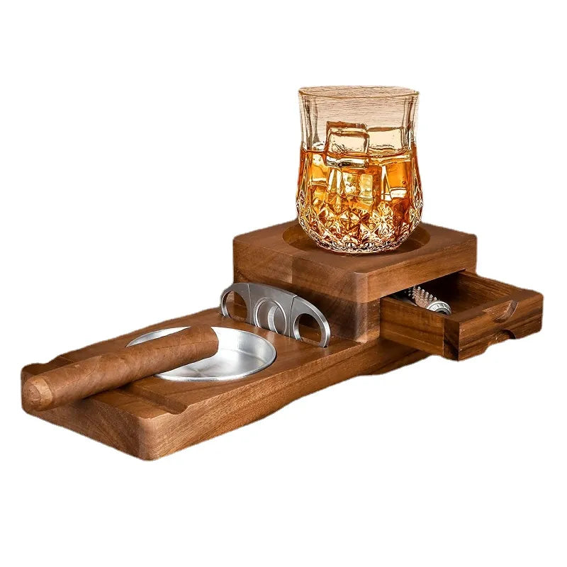 Solid Wood Cigar box with Ashtray and drink holder Inc Cigar Cutter