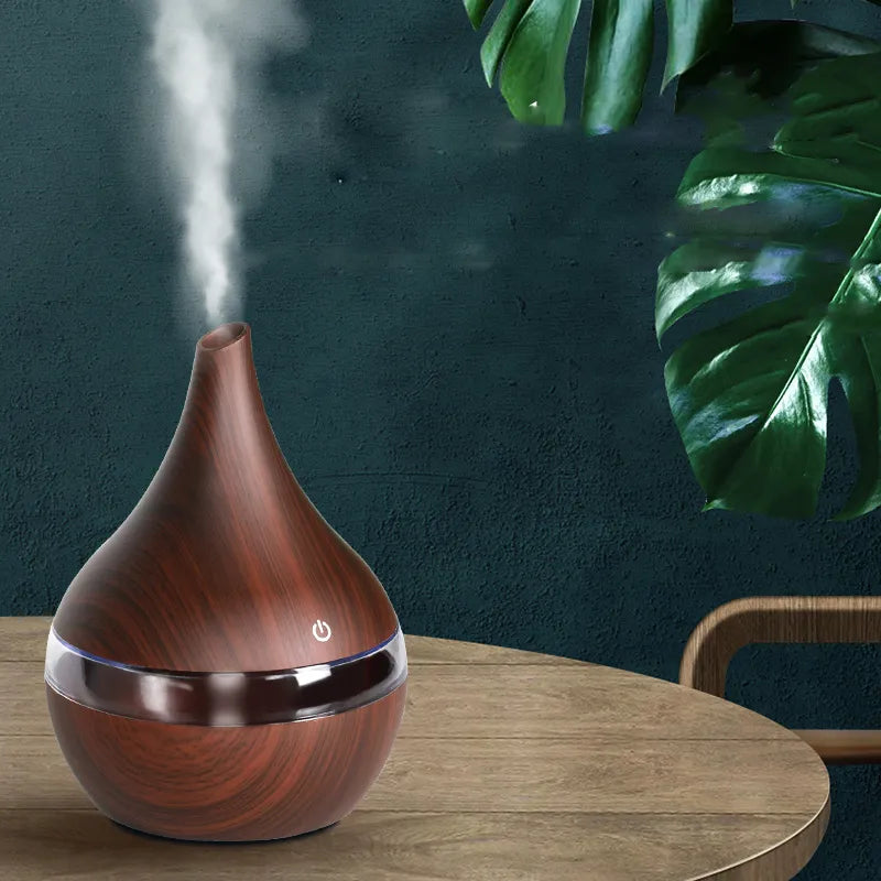 300ML Aroma Oil Diffuser Ultrasonic Wood Grain Humidifier USB Mini Mist Maker LED Light