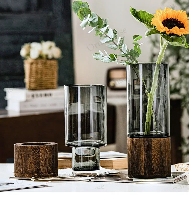 Modern Simple and Creative Walnut And Glass Flower Vase